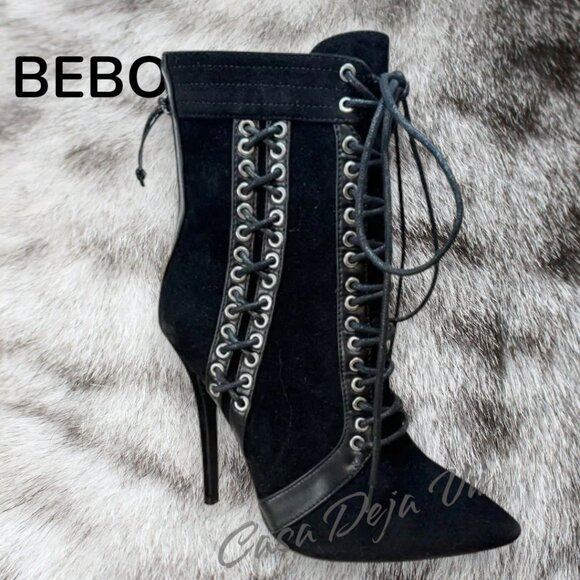 BEBO Goth Vixen Studded Lace Up Black Crushed Velevet Bootie Heels - Picture 3 of 12